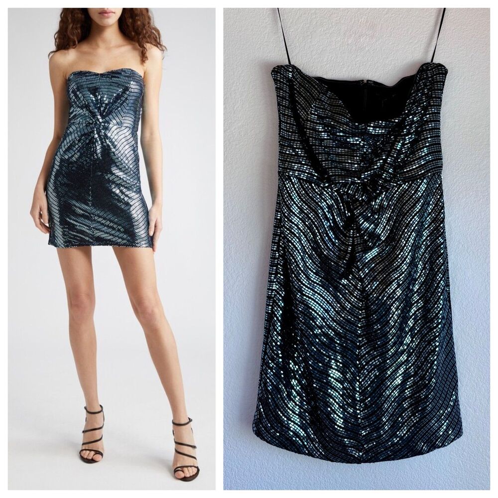 NWT Ramy Brook Black Label Daya Sequined Strapless Mini Dress in Navy Party Sz 0